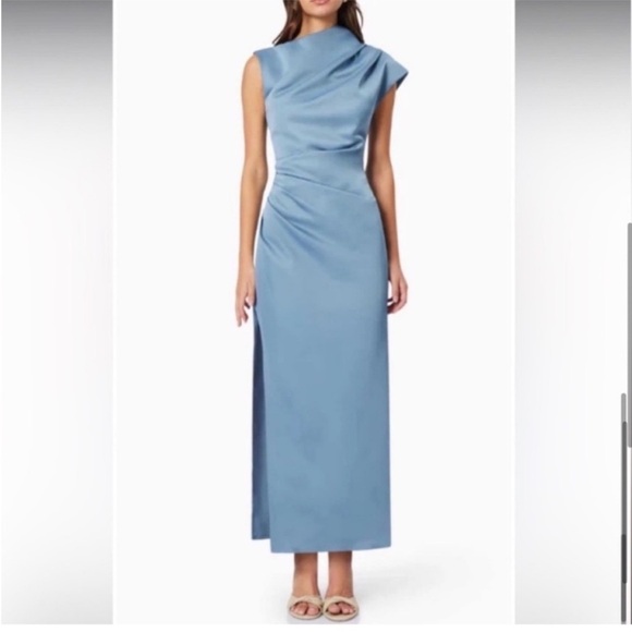 Elliatt coralie blue sateen high neckline draped slit detail maxi dress small - Picture 1 of 12